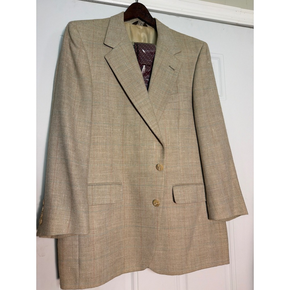 Vintage Bill Blass Mens Beige Plaid Two Button Blazer Sport Coat Made in USA